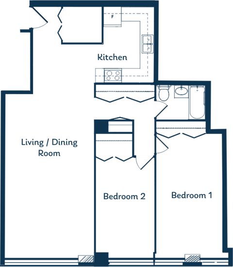 Floor plan for 2 beds, 1 bath, 976 sqft